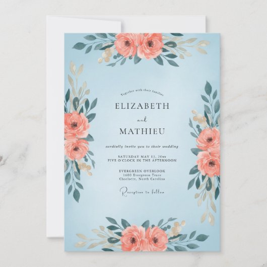 Invitation Mariage Fleur de Corail Bleu Poudré (Devant)
