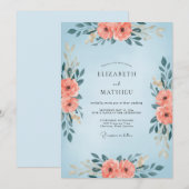 Invitation Mariage Fleur de Corail Bleu Poudré (Devant / Derrière)