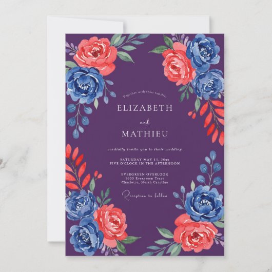 Invitation Mariage Fleur de Corail Cobalt Deep Purple (Devant)