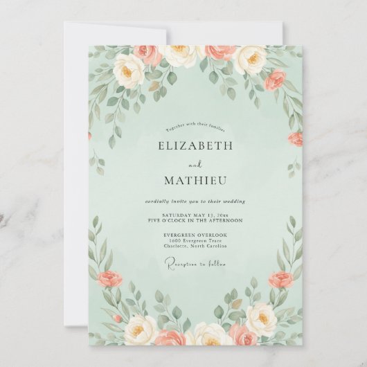 Invitation Mariage Fleur de Corail Menthe (Devant)