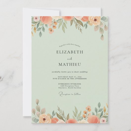 Invitation Mariage Fleur de Corail Menthe Pâle (Devant)