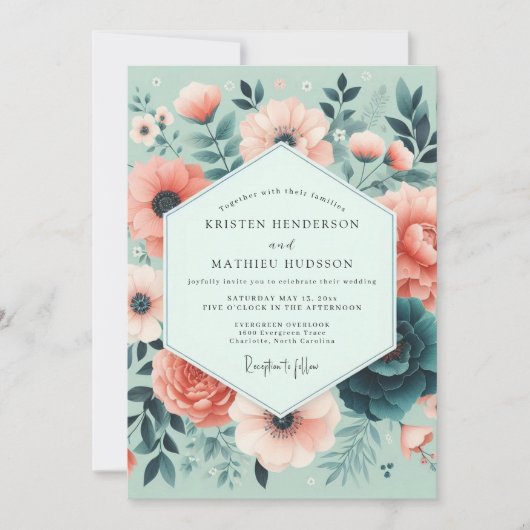 Invitation Mariage Fleur de Corail Menthe Romantique (Devant)