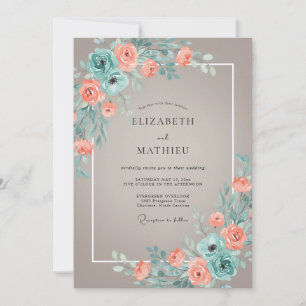 Invitation Mariage Fleur de Corail Romantique Sarcelle