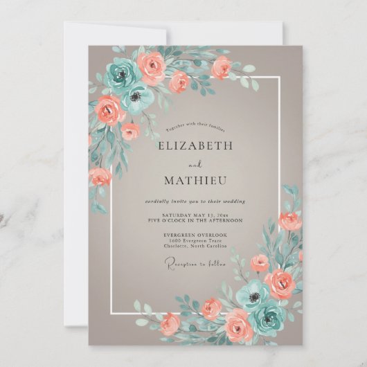 Invitation Mariage Fleur de Corail Romantique Sarcelle (Devant)