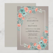 Invitation Mariage Fleur de Corail Romantique Sarcelle (Devant / Derrière)