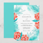 Invitation Mariage Fleur de Corail Sarcelle (Devant / Derrière)