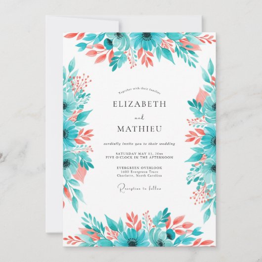 Invitation Mariage Fleur de Corail Turquoise (Devant)