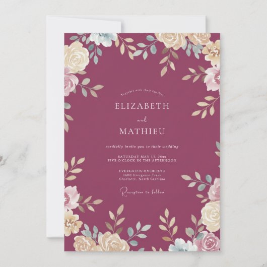 Invitation Mariage Fleur de Crème Chaude Prune (Devant)
