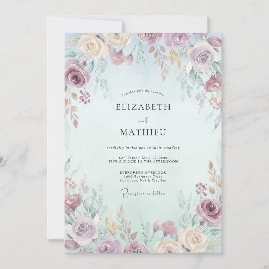 Invitation Mariage Fleur de Crème d'Ivoire au Prune (Devant)