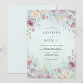 Invitation Mariage Fleur de Crème d'Ivoire au Prune (Devant / Derrière)