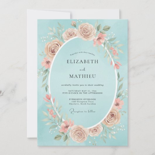 Invitation Mariage Fleur de Cyan Blush (Devant)