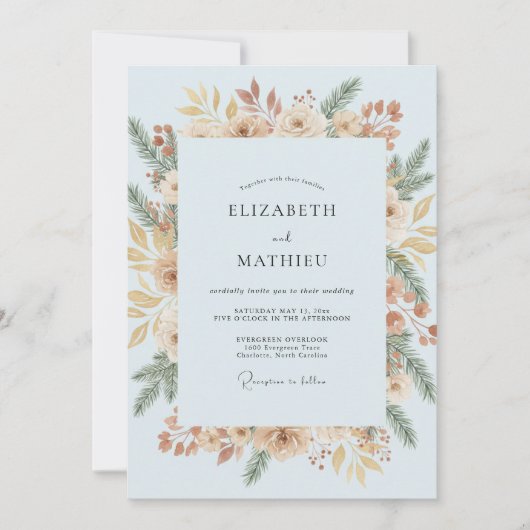 Invitation Mariage Fleur de Feuillage Azur (Devant)