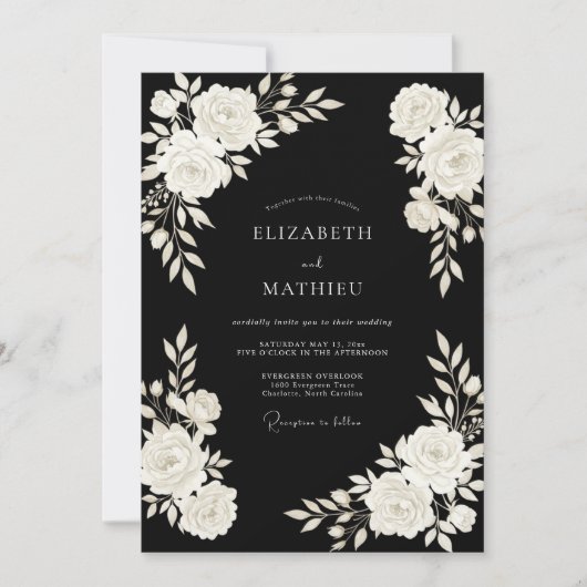 Invitation Mariage Fleur de Fleur d'Ivoire Noir (Devant)