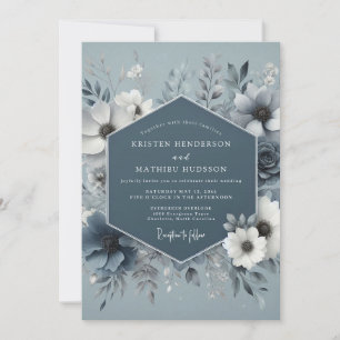 Invitation Mariage Fleur de Glace Bleu Acier