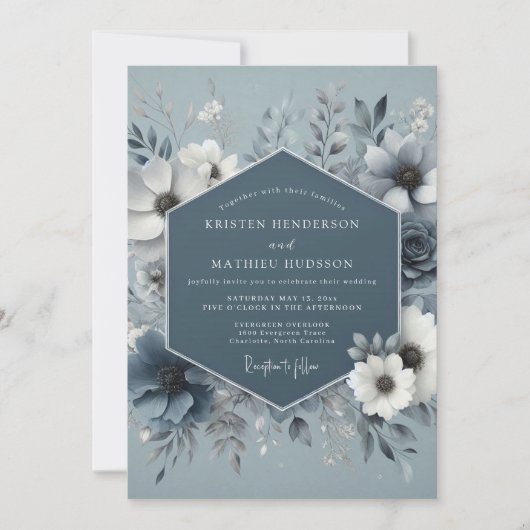 Invitation Mariage Fleur de Glace Bleu Acier (Devant)