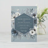 Invitation Mariage Fleur de Glace Bleu Acier (Debout devant)