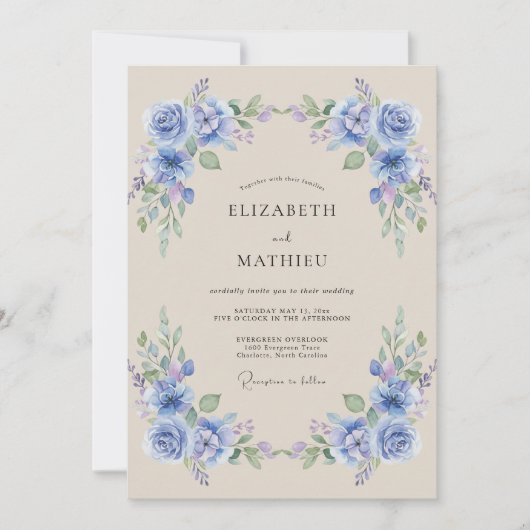 Invitation Mariage Fleur de Laurier Pervenche (Devant)