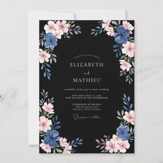 Invitation Mariage Fleur de l'Indigo Noir (Devant)