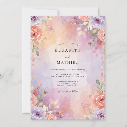 Invitation Mariage Fleur de Mauve Corail (Devant)