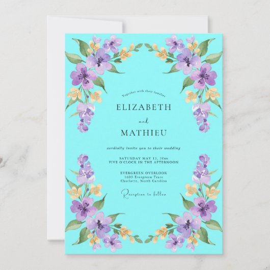 Invitation Mariage Fleur de Mauve Turquoise (Devant)
