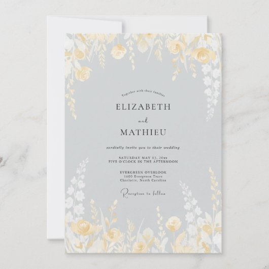 Invitation Mariage Fleur de Pâle Or Argenté (Devant)