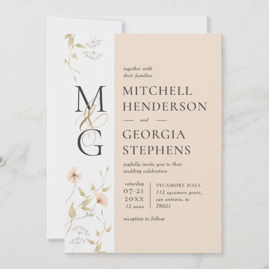 Invitation Mariage Fleur de Peach & Gold en aquarelle délicat (Devant)