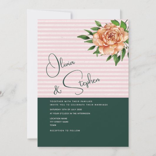Invitation Mariage Fleur de Pêche Émeraude Rose (Devant)