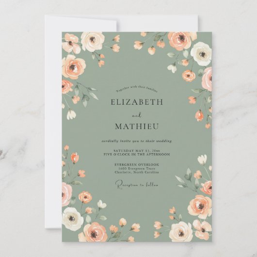 Invitation Mariage Fleur de Pêche et Sauge (Devant)