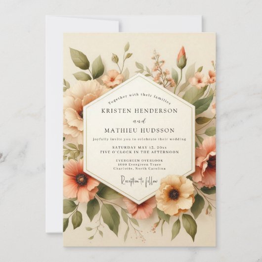 Invitation Mariage Fleur de Pêche Vintage (Devant)