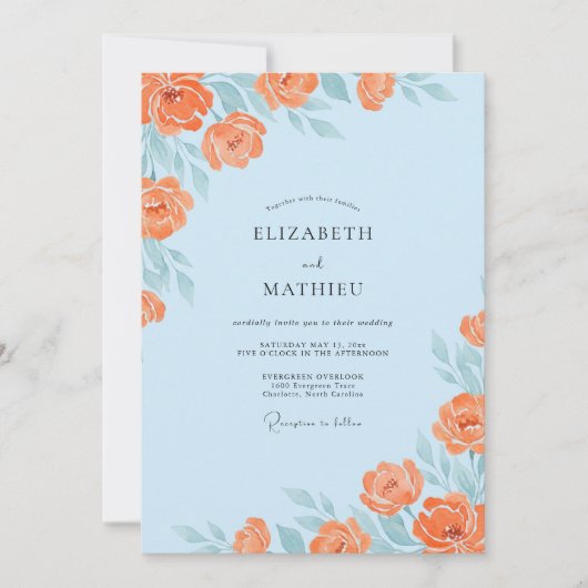Invitation Mariage Fleur de Pêcher Bleu Poudre (Devant)