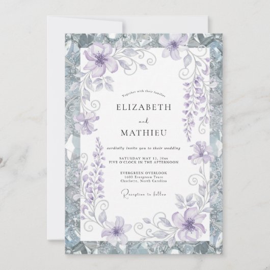 Invitation Mariage Fleur de Periwinkle Argenté (Devant)