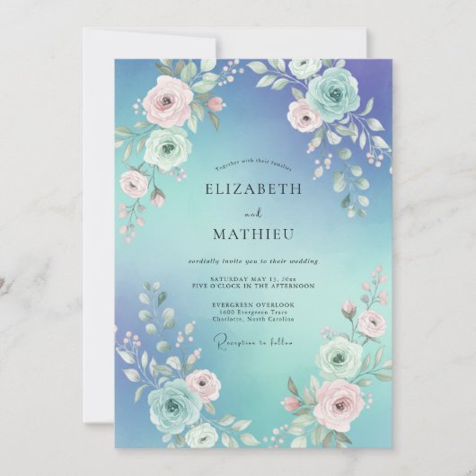 Invitation Mariage Fleur de Pervenche Aqua (Devant)