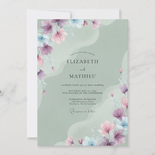Invitation Mariage Fleur de Pervenche Céladon (Devant)