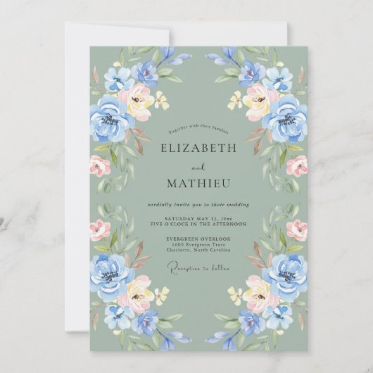 Invitation Mariage Fleur de Pervenche Céladon de Bois (Devant)