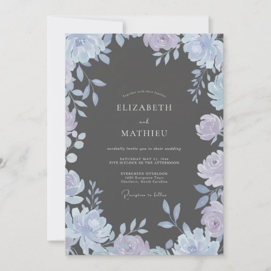 Invitation Mariage Fleur de Pervenche Charbon de Bois (Devant)