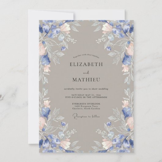Invitation Mariage Fleur de Pervenche Taupe Rustique (Devant)