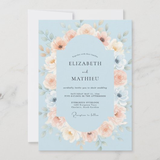 Invitation Mariage Fleur de Pivoine Corail Céleste (Devant)