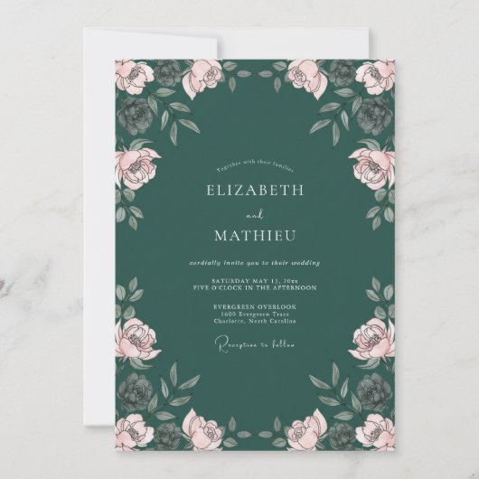 Invitation Mariage Fleur de Poésie Vert Profond (Devant)