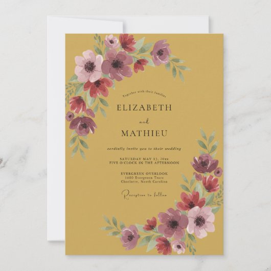 Invitation Mariage Fleur de Prunellier Doré Moutarde (Devant)