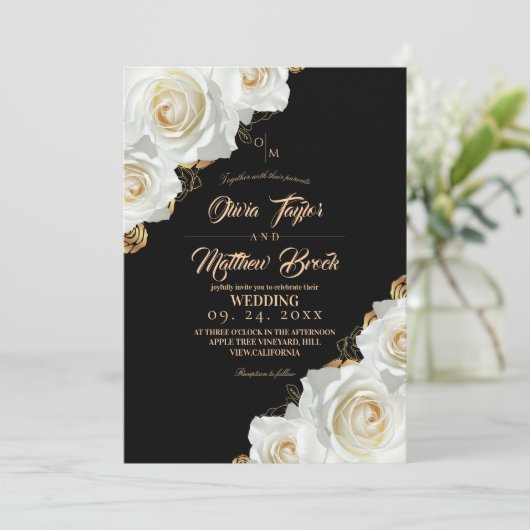 Invitation Mariage Fleur de Rose Blanche et Or Noir (Debout devant)