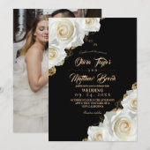 Invitation Mariage Fleur de Rose Blanche et Or Noir (Devant / Derrière)