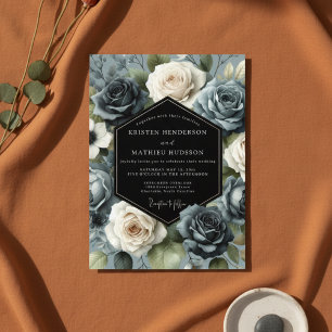 Invitation Mariage Fleur de Rose Bleu Ardoise