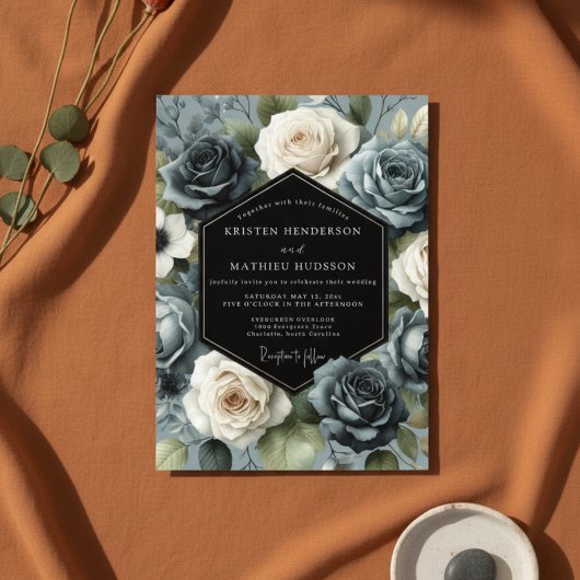 Invitation Mariage Fleur de Rose Bleu Ardoise