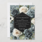 Invitation Mariage Fleur de Rose Bleu Ardoise (Devant)