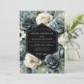 Invitation Mariage Fleur de Rose Bleu Ardoise (Debout devant)
