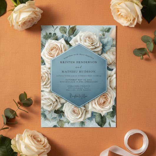 Invitation Mariage Fleur de Rose Bleu Brumeux