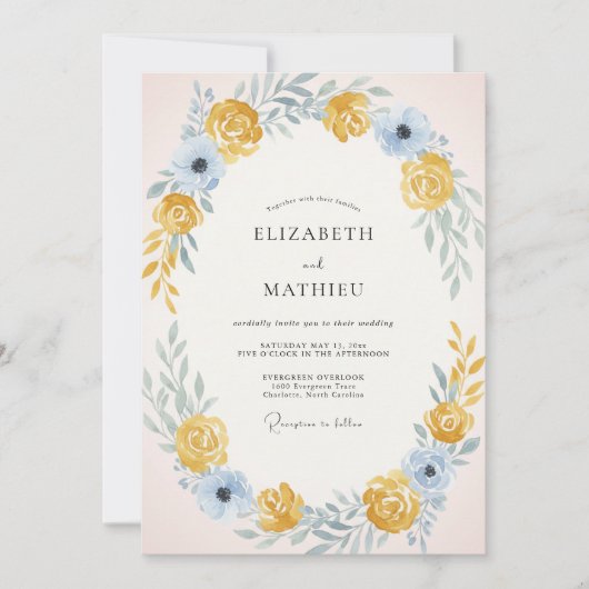 Invitation Mariage Fleur de Rose Bleu Ciel (Devant)