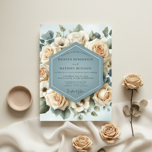 Invitation Mariage Fleur de Rose Bleu Poussiéreux