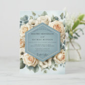 Invitation Mariage Fleur de Rose Bleu Poussiéreux (Debout devant)