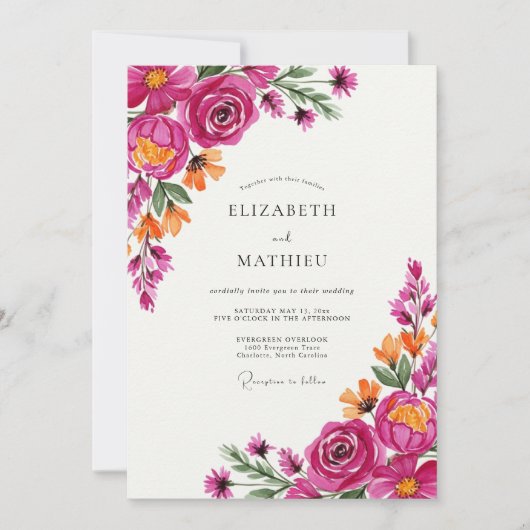 Invitation Mariage Fleur de Rose Magenta (Devant)